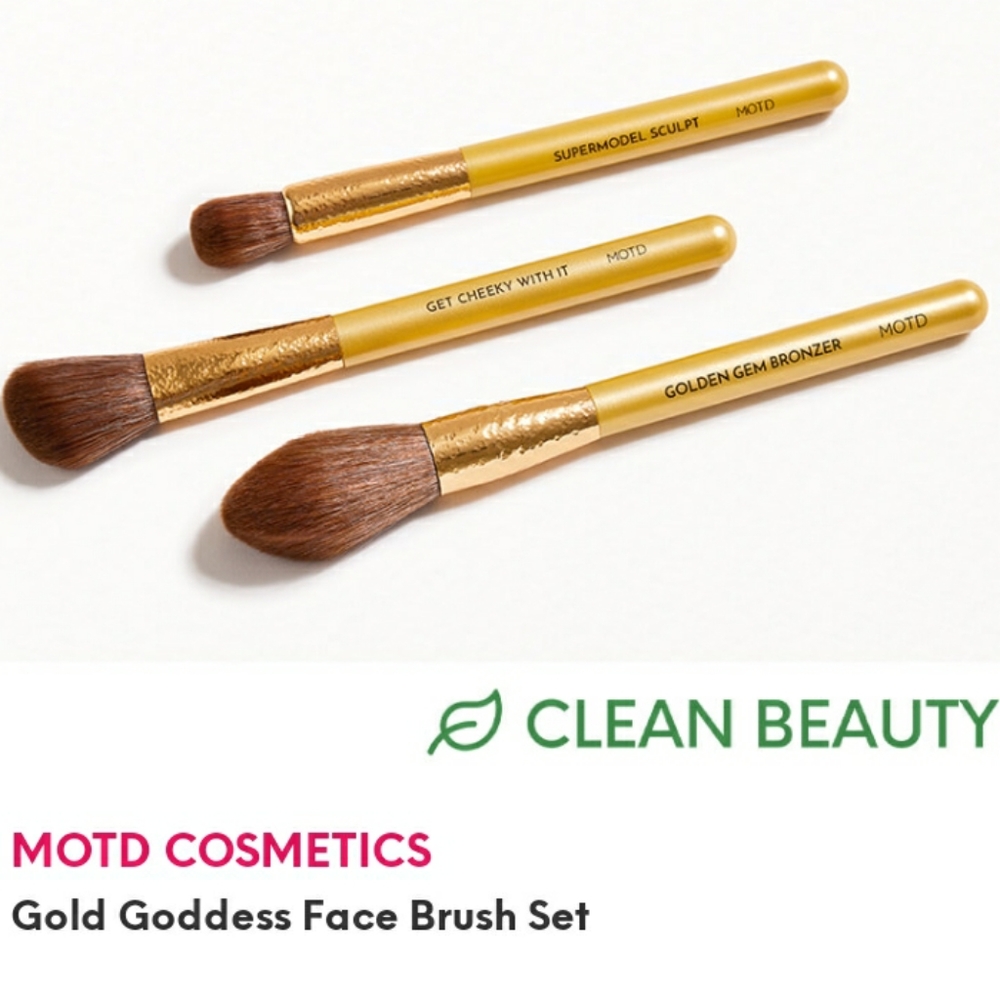 SALE! MOTD COSMETICS GOLD GODDESS 3 PIECE FACE BRUSH SET.